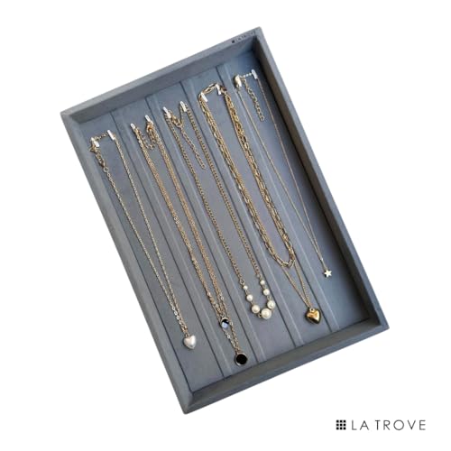 La Trove Velvet Chain Organizer Tray for Drawer | Jewelry Display Holder with Hooks for Chains, Necklaces & Bracelets Storage | Wardrobe Jewellery Tray | Grey - Image 5