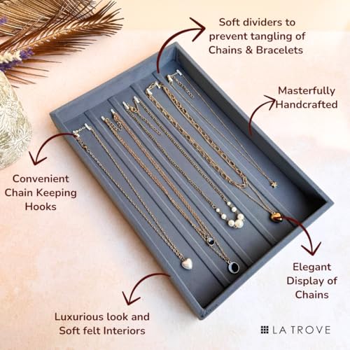La Trove Velvet Chain Organizer Tray for Drawer | Jewelry Display Holder with Hooks for Chains, Necklaces & Bracelets Storage | Wardrobe Jewellery Tray | Grey - Image 3