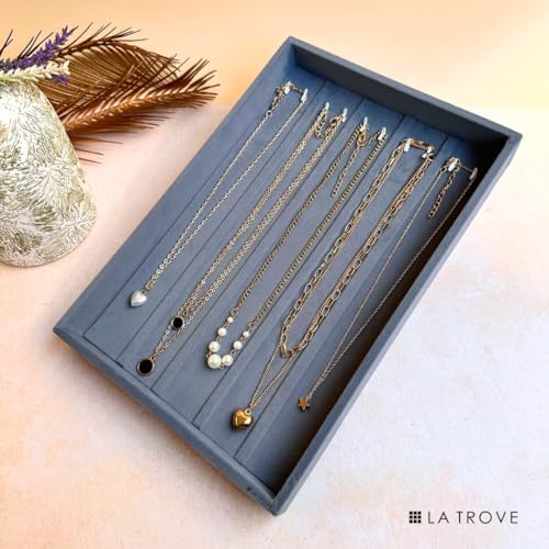 La Trove Velvet Chain Organizer Tray for Drawer | Jewelry Display Holder with Hooks for Chains, Necklaces & Bracelets Storage | Wardrobe Jewellery Tray | Grey - Image 2