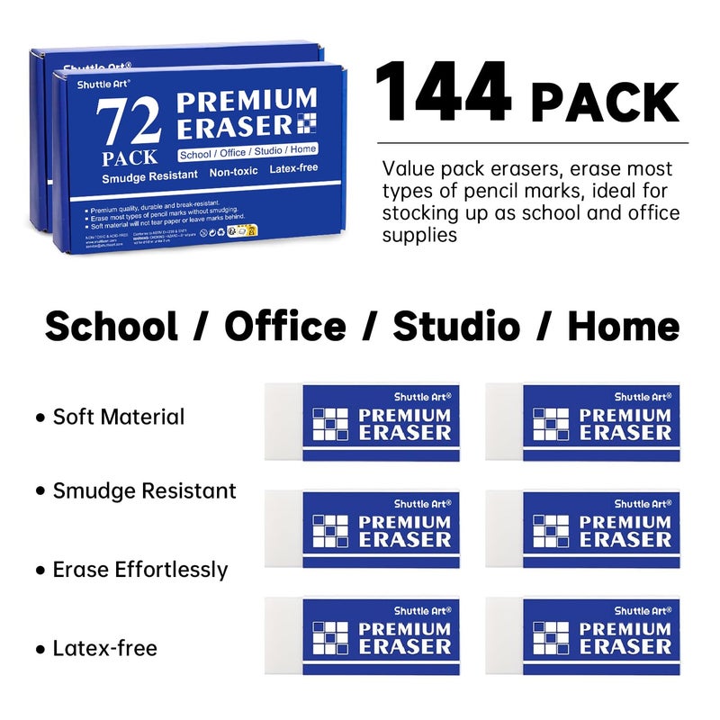 Shuttle Art Erasers, Shuttle Art 144 Pack Premium Eraser Bulk, White Erasers Classroom Set for Kids Teachers as School and Office Supplies - Image 2