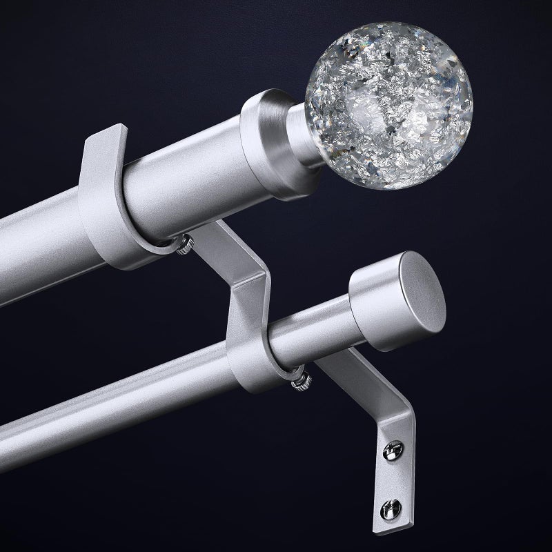Wolistsa Silver Double Curtain Rods for Windows 72 to 144 Inch, Extra Long Dual Curtain Rod with Decorative Crystal Silver Foil Finial, 1" Adjustable Heavy Duty Vintage Spliced Window Treatment Rods - Image 1