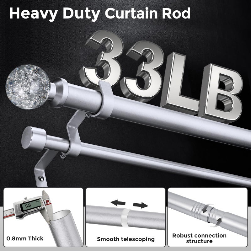 Wolistsa Silver Double Curtain Rods for Windows 72 to 144 Inch, Extra Long Dual Curtain Rod with Decorative Crystal Silver Foil Finial, 1" Adjustable Heavy Duty Vintage Spliced Window Treatment Rods - Image 3