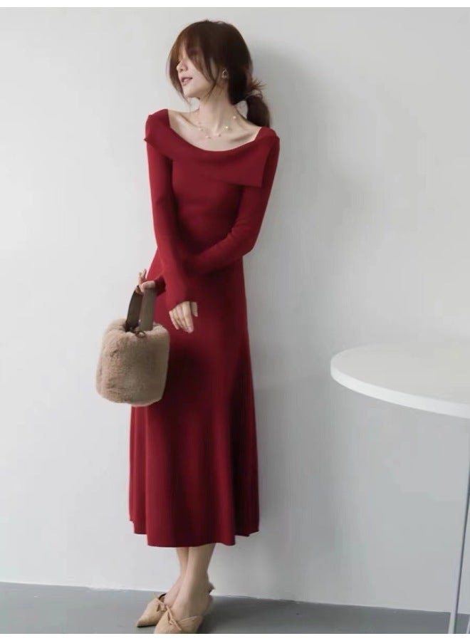Red French One-shoulder Fashionable Waist Slimming Long-sleeve Wool Knitted Dress