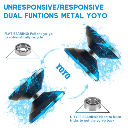 FETESNICE Yoyo Professional Responsive yo yo for Kids Beginner Dual Purpose Metal Yoyos Unresponsive Yo yo for Advanced Yoyo Players with 10 Strings Bag GloveBlackBlue - Image 5