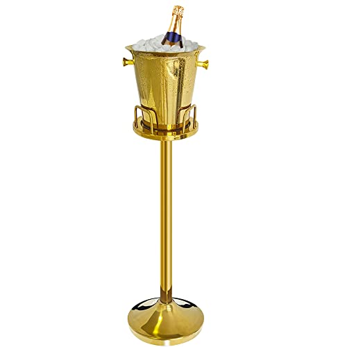 Ice Bucket with Stand 201 Stainless Steel Ice Bucket Standing Hammered 13Lbs Gold Ice Bucket with Carrying Handle for Wine Champagne Beer KTV Clubs Bar Parties Total Height 91cm5L
