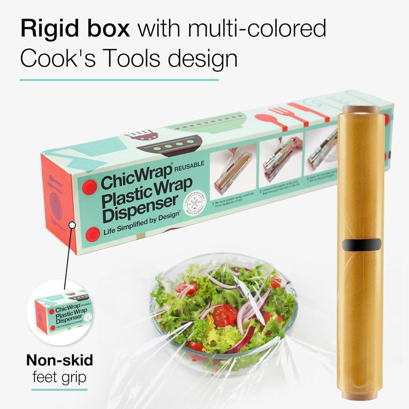ChicWrap Cook's Tools Refillable Plastic Wrap Dispenser - One 12" x 250' Roll of Professional Grade Plastic Wrap - BPA Free and Kosher Certified - Reusable Dispenser w/Slide Cutter - Image 3
