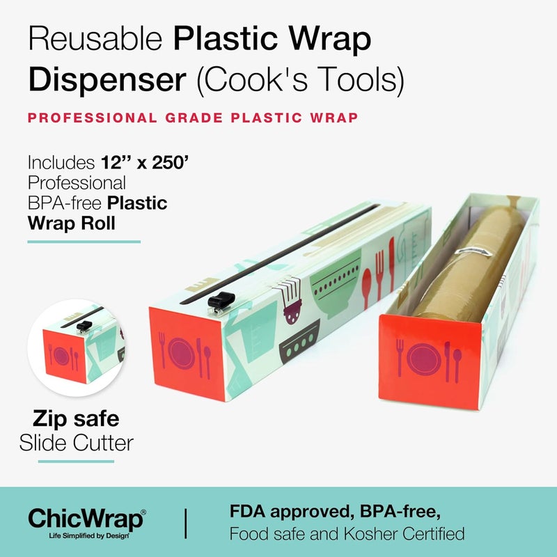ChicWrap Cook's Tools Refillable Plastic Wrap Dispenser - One 12" x 250' Roll of Professional Grade Plastic Wrap - BPA Free and Kosher Certified - Reusable Dispenser w/Slide Cutter - Image 2