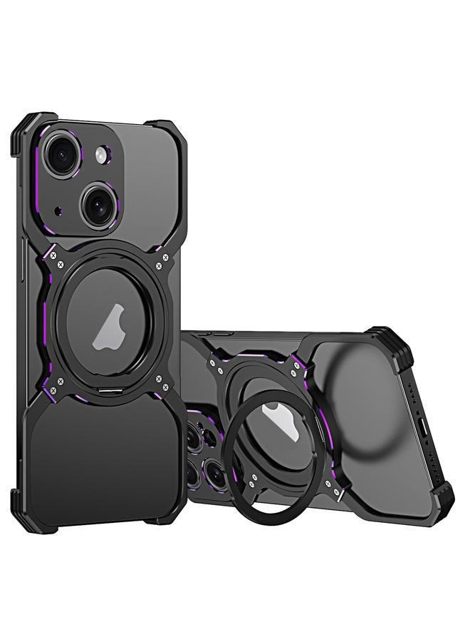 For iPhone 15 Plus Mechanical Arm Borderless MagSafe Holder Metal Phone Case(Black Purple) 