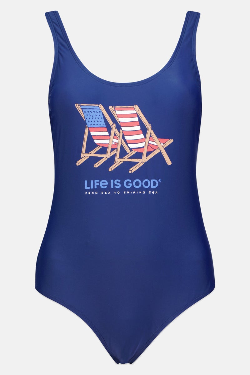 Life is Good Women One Piece Graphic Print Swimwear, Navy Blue - Image 1