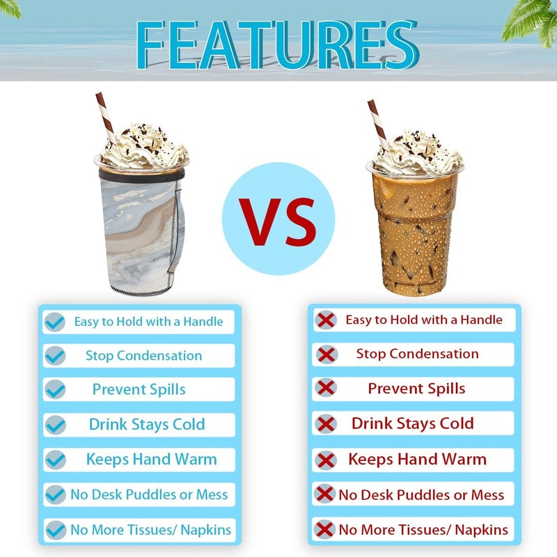 24-28oz Reusable Azure Marble Art Iced Coffee Sleeves 16-32oz Insulator Sleeves with Handle for Cold Drinks Beverages Drink Sleeve Holder for Popular Brands Coffee Cup-M - Image 3