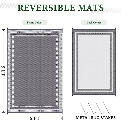 HappyTrends,Outdoor Rug,Patio Rug,Reversible Portable Plastic Straw Rug,Camping Rugs for Outside RV,Large Waterproof Area Rugs for Patio,Deck,Picnic,Porch,Balcony(6'x 9',White&Gray) - Image 2