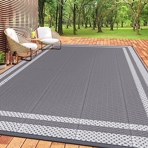 HappyTrends,Outdoor Rug,Patio Rug,Reversible Portable Plastic Straw Rug,Camping Rugs for Outside RV,Large Waterproof Area Rugs for Patio,Deck,Picnic,Porch,Balcony(6'x 9',White&Gray) - Image 1