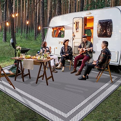 HappyTrends,Outdoor Rug,Patio Rug,Reversible Portable Plastic Straw Rug,Camping Rugs for Outside RV,Large Waterproof Area Rugs for Patio,Deck,Picnic,Porch,Balcony(6'x 9',White&Gray) - Image 3