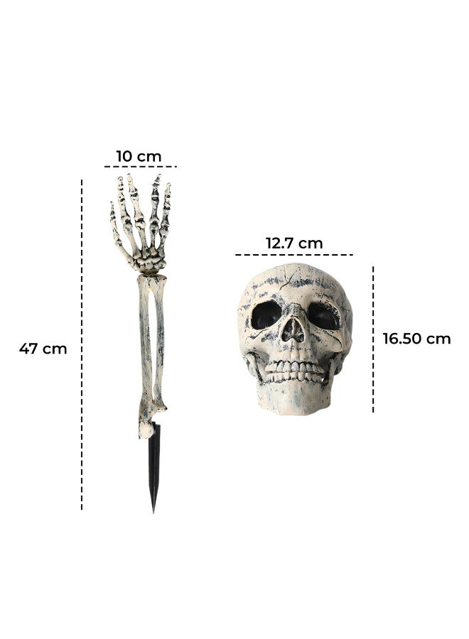 Brain Giggles BrainGiggles Halloween Lighted Skeleton Stakes Set – 2 Arms & 1 Skull with 60 LED Warm White Lights, Waterproof Battery Operated with Timer – Outdoor Yard Garden Decor, Spooky Indoor Display - Image 4