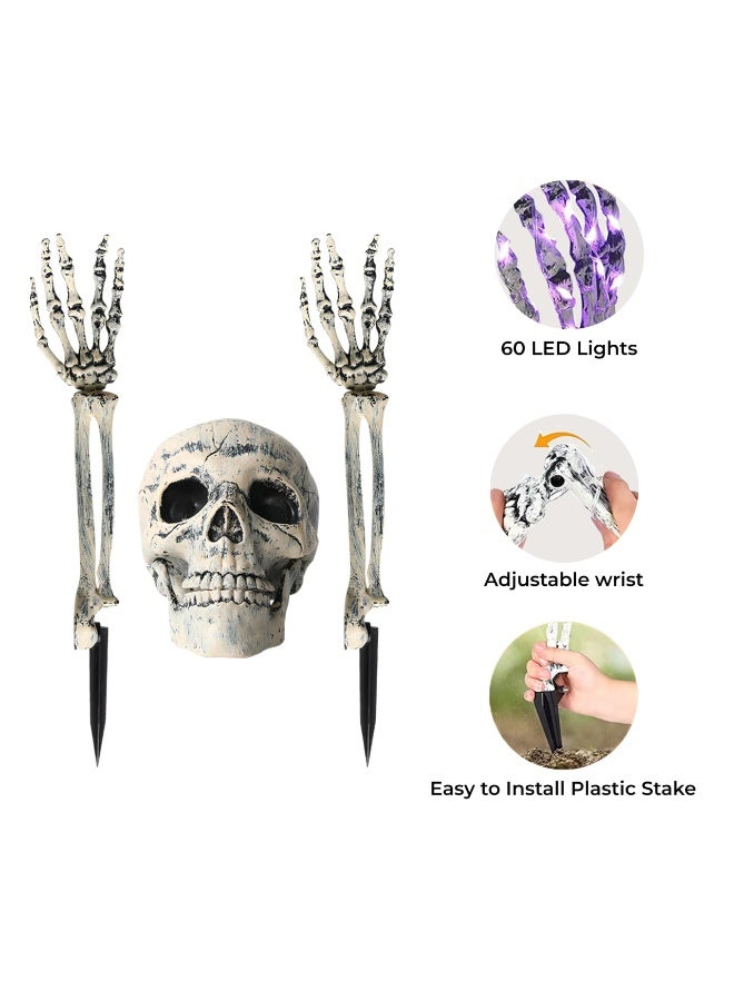 Brain Giggles BrainGiggles Halloween Lighted Skeleton Stakes Set – 2 Arms & 1 Skull with 60 LED Warm White Lights, Waterproof Battery Operated with Timer – Outdoor Yard Garden Decor, Spooky Indoor Display - Image 3