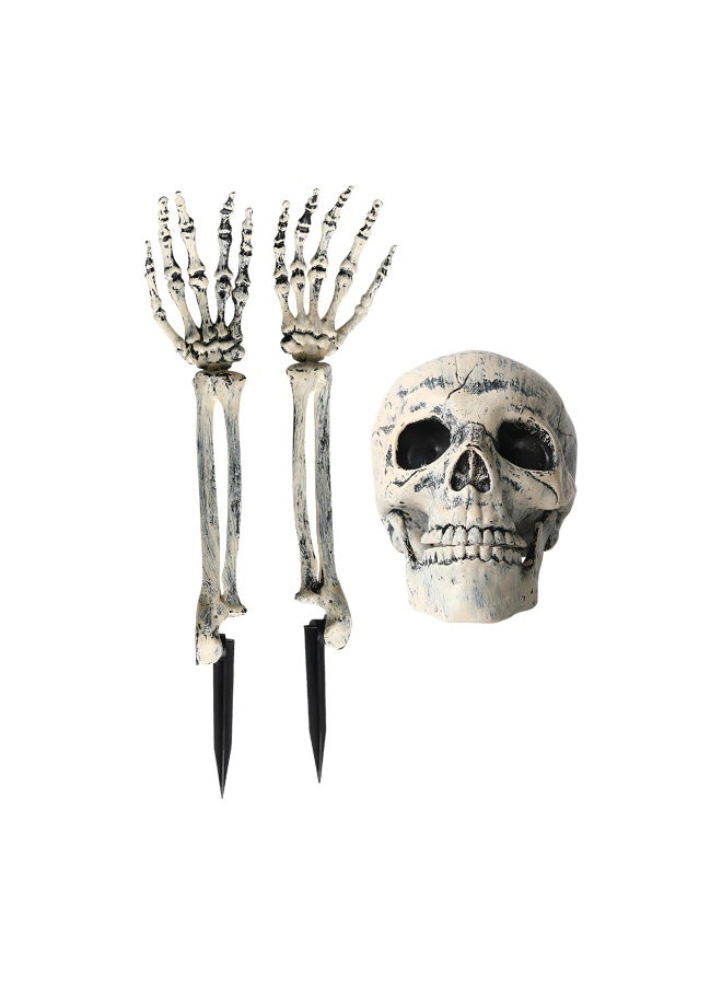 Brain Giggles BrainGiggles Halloween Lighted Skeleton Stakes Set – 2 Arms & 1 Skull with 60 LED Warm White Lights, Waterproof Battery Operated with Timer – Outdoor Yard Garden Decor, Spooky Indoor Display - Image 5