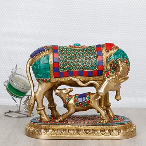 ARTVARKO Brass Kamdhenu Cow with Calf Kamadhenu Brass with Multicolor Gemstone Handwork Home Decor Puja Gift 4.25 Kg (LxBxH 8.5 x 4.5 x 7 Inches) - Image 1