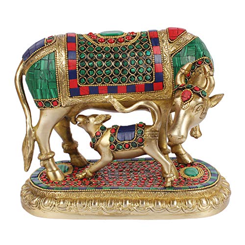 ARTVARKO Brass Kamdhenu Cow with Calf Kamadhenu Brass with Multicolor Gemstone Handwork Home Decor Puja Gift 4.25 Kg (LxBxH 8.5 x 4.5 x 7 Inches) - Image 3