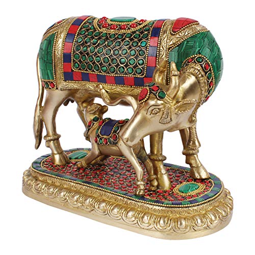 ARTVARKO Brass Kamdhenu Cow with Calf Kamadhenu Brass with Multicolor Gemstone Handwork Home Decor Puja Gift 4.25 Kg (LxBxH 8.5 x 4.5 x 7 Inches) - Image 4