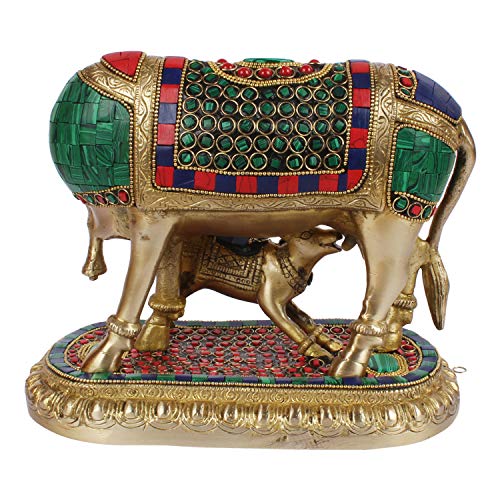 ARTVARKO Brass Kamdhenu Cow with Calf Kamadhenu Brass with Multicolor Gemstone Handwork Home Decor Puja Gift 4.25 Kg (LxBxH 8.5 x 4.5 x 7 Inches) - Image 5
