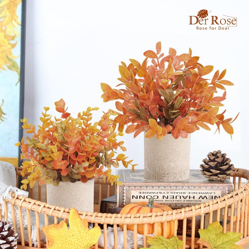 Der Rose 3 Pack Mini Potted Fake Plants Artificial Plastic Eucalyptus Plants Topiaries for Home Office Desk Farmhouse Shelf Room Bathroom Decor(Orange) - Image 2