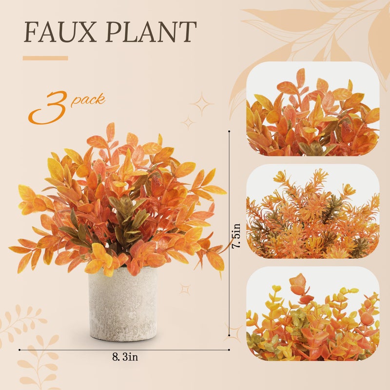 Der Rose 3 Pack Mini Potted Fake Plants Artificial Plastic Eucalyptus Plants Topiaries for Home Office Desk Farmhouse Shelf Room Bathroom Decor(Orange) - Image 3
