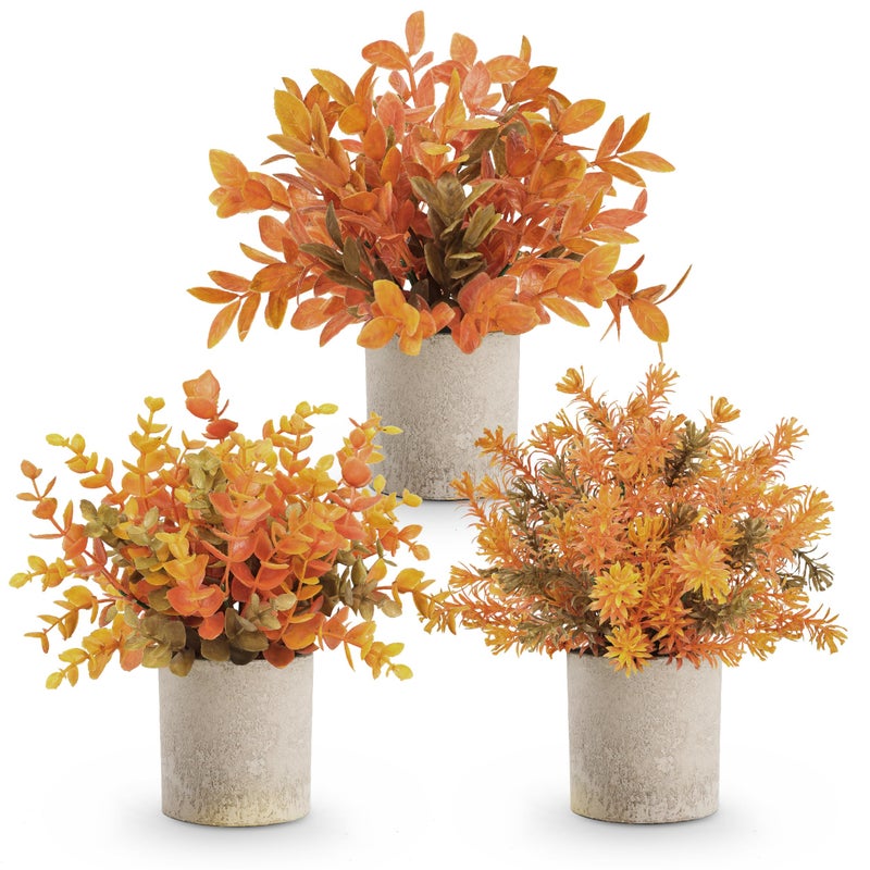 Der Rose 3 Pack Mini Potted Fake Plants Artificial Plastic Eucalyptus Plants Topiaries for Home Office Desk Farmhouse Shelf Room Bathroom Decor(Orange) - Image 1