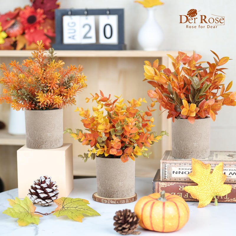 Der Rose 3 Pack Mini Potted Fake Plants Artificial Plastic Eucalyptus Plants Topiaries for Home Office Desk Farmhouse Shelf Room Bathroom Decor(Orange) - Image 5
