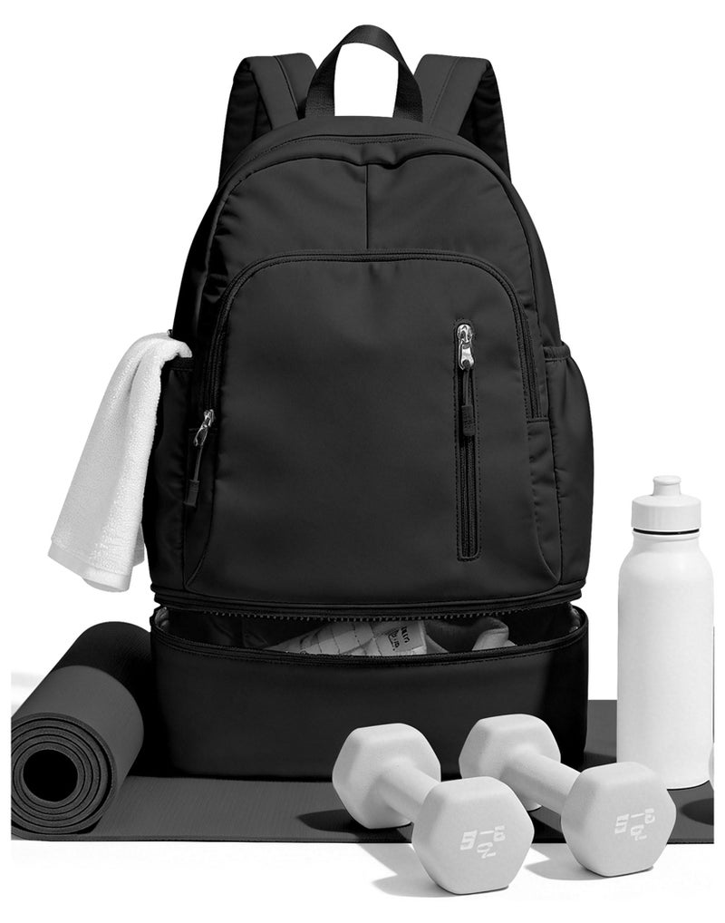BJLFS Small Black Gym Backpack for Women Men, Waterproof Gym Track Bag with Expandable Shoe Compartment, Lightweight Mini Casual Daypack Sports Back Pack for Travel Hiking Dance Yoga Fitness Track - Image 1