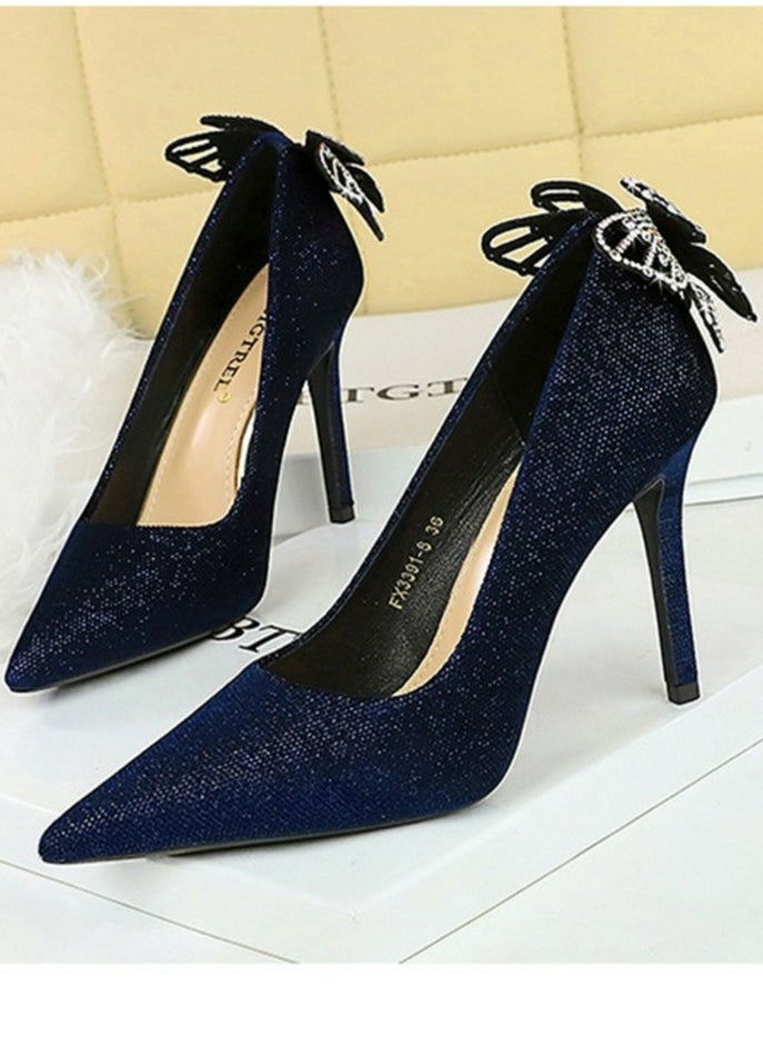 BIGTREE Women's Closed Pointed Toe Stiletto Pumps Suede Rhinestone Bowknot Decoration High Heels 10CM Dark Blue  - Image 1
