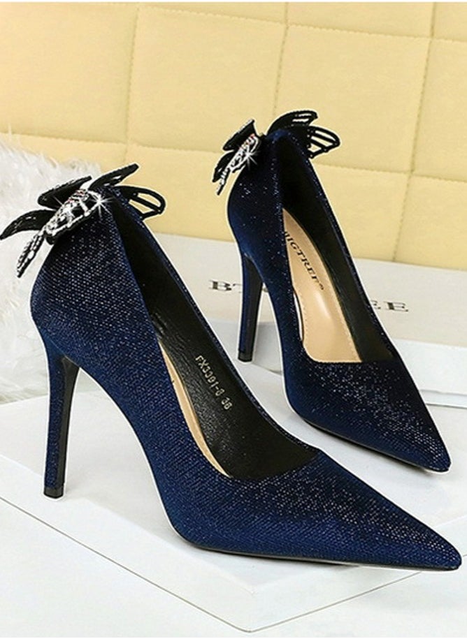 BIGTREE Women's Closed Pointed Toe Stiletto Pumps Suede Rhinestone Bowknot Decoration High Heels 10CM Dark Blue  - Image 2
