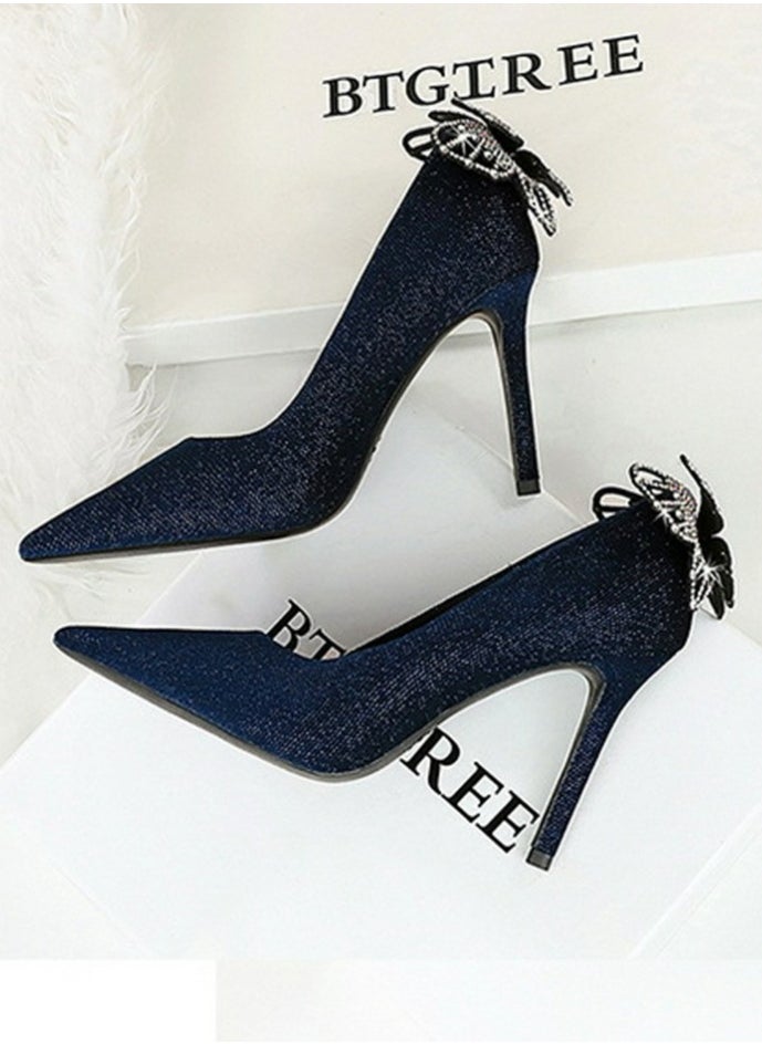 BIGTREE Women's Closed Pointed Toe Stiletto Pumps Suede Rhinestone Bowknot Decoration High Heels 10CM Dark Blue  - Image 3