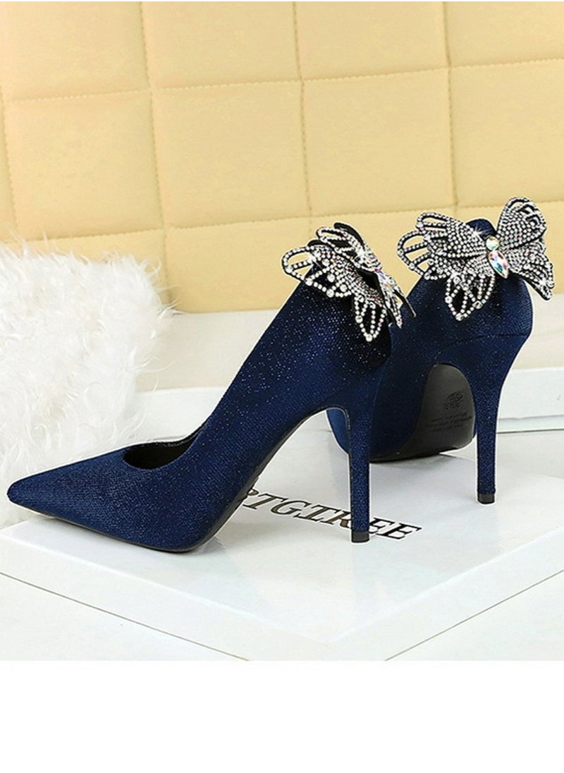 BIGTREE Women's Closed Pointed Toe Stiletto Pumps Suede Rhinestone Bowknot Decoration High Heels 10CM Dark Blue  - Image 4