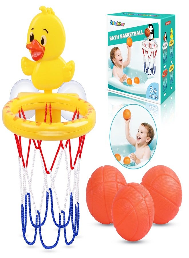 Babelshar Bath Toys, Bathtub Basketball Hoop for Toddler Kids, 3 Soft No Hole Balls & Bath Basketball Hoop with Strong Suction Cup, Yellow Duck Baby Shower Bath Toys Set for Boys and Girls - Image 1