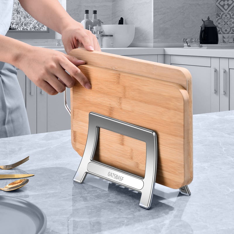 xuenair Cutting Board Holder xuenair Cutting Board Rack Chopping Board HolderAuto Width Adjustable Cutting Board Holder Stand for Countertop Counter Kitchen Cabinet Silver