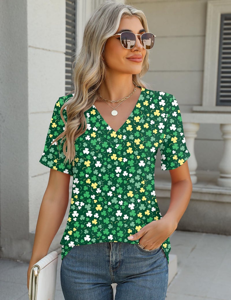 Rapbin Tshirts Shirts for Women V Neck Short Sleeve Tops Loose St. Patrick's Day Casual Tees (Green White Flower, XL) - Image 4