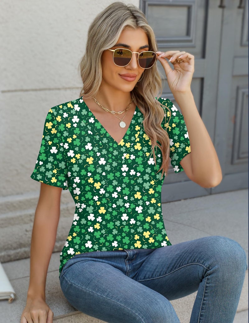 Rapbin Tshirts Shirts for Women V Neck Short Sleeve Tops Loose St. Patrick's Day Casual Tees (Green White Flower, XL) - Image 5