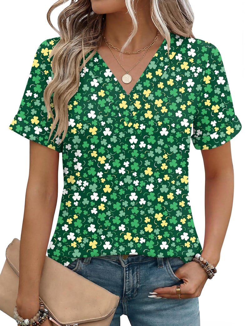 Rapbin Tshirts Shirts for Women V Neck Short Sleeve Tops Loose St. Patrick's Day Casual Tees (Green White Flower, XL) - Image 1
