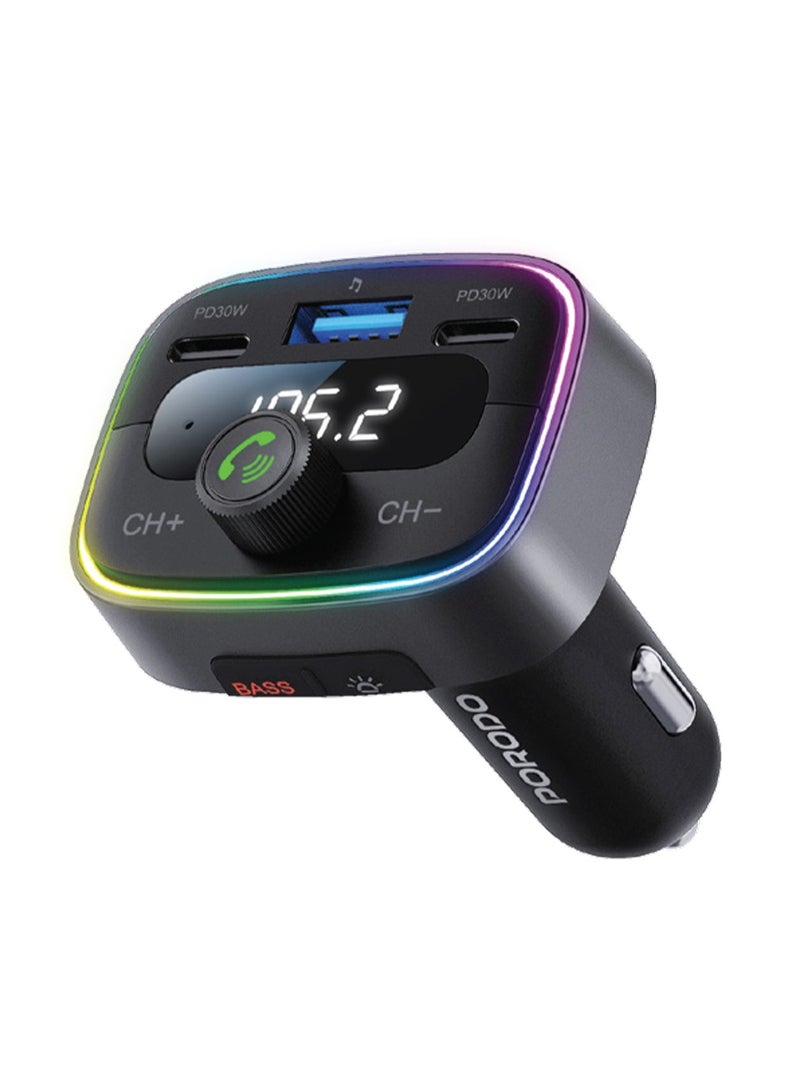 porodo Smart Car Charger 60W with FM Transmitter and Bluetooth 5.4 / 30W PD Dual USB-C & USB Playback / RGB Lights / Bass Boost / Crisp Mic / Hands-Free Calling & Siri/Google Assistant Support - Black - Image 1