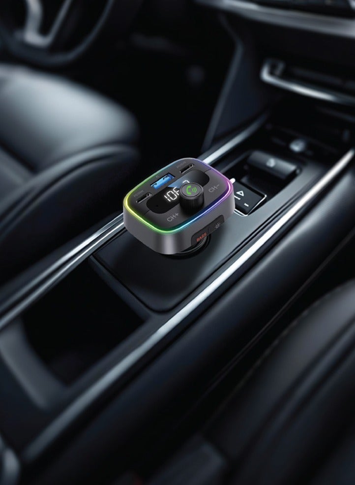 porodo Smart Car Charger 60W with FM Transmitter and Bluetooth 5.4 / 30W PD Dual USB-C & USB Playback / RGB Lights / Bass Boost / Crisp Mic / Hands-Free Calling & Siri/Google Assistant Support - Black - Image 3