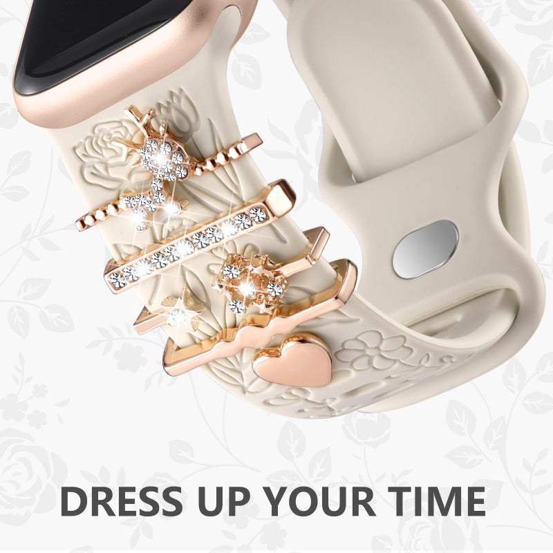 DaQin Flower Engraved Band Compatible with Apple Watch Bands for Women 40mm 38mm 41mm 42mm, Soft Silicone Strap With Dressy Decorative Apple Watch Charms for iWatch Series 11 10 9 8 7 6 5 4 3 2 1 SE - Image 3