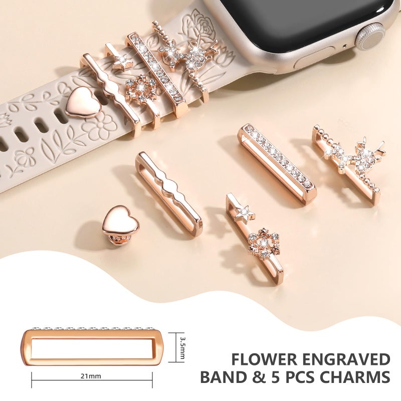 DaQin Flower Engraved Band Compatible with Apple Watch Bands for Women 40mm 38mm 41mm 42mm, Soft Silicone Strap With Dressy Decorative Apple Watch Charms for iWatch Series 11 10 9 8 7 6 5 4 3 2 1 SE - Image 4