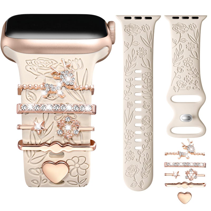 DaQin Flower Engraved Band Compatible with Apple Watch Bands for Women 40mm 38mm 41mm 42mm, Soft Silicone Strap With Dressy Decorative Apple Watch Charms for iWatch Series 11 10 9 8 7 6 5 4 3 2 1 SE - Image 1