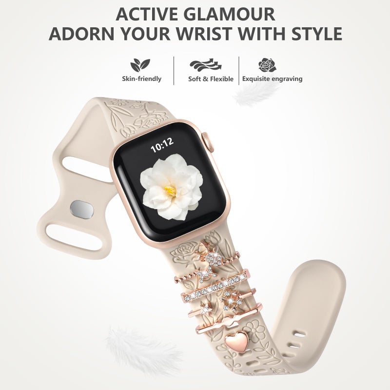 DaQin Flower Engraved Band Compatible with Apple Watch Bands for Women 40mm 38mm 41mm 42mm, Soft Silicone Strap With Dressy Decorative Apple Watch Charms for iWatch Series 11 10 9 8 7 6 5 4 3 2 1 SE - Image 5
