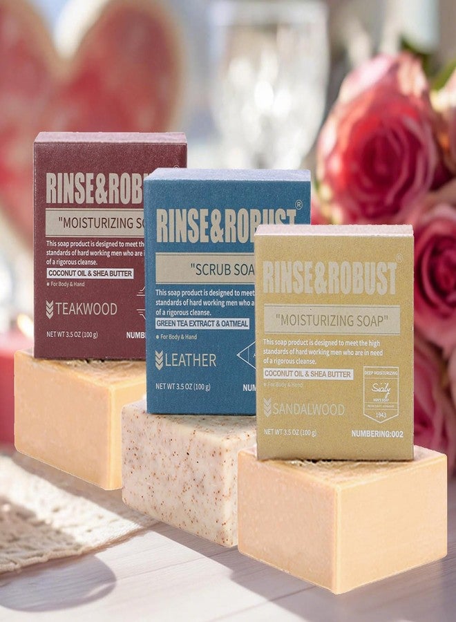 Rinse & Robust Mens Bar Soap Bath Bar Soap 3Pack Handmade Natural Soap Bar Set Cleansing Bar Moisturizing&Exfoliating Scrub Soap Gift Set for Men | Leather, Sandalwood, Teakwood | 3.5 oz of 3 Bars - Image 4