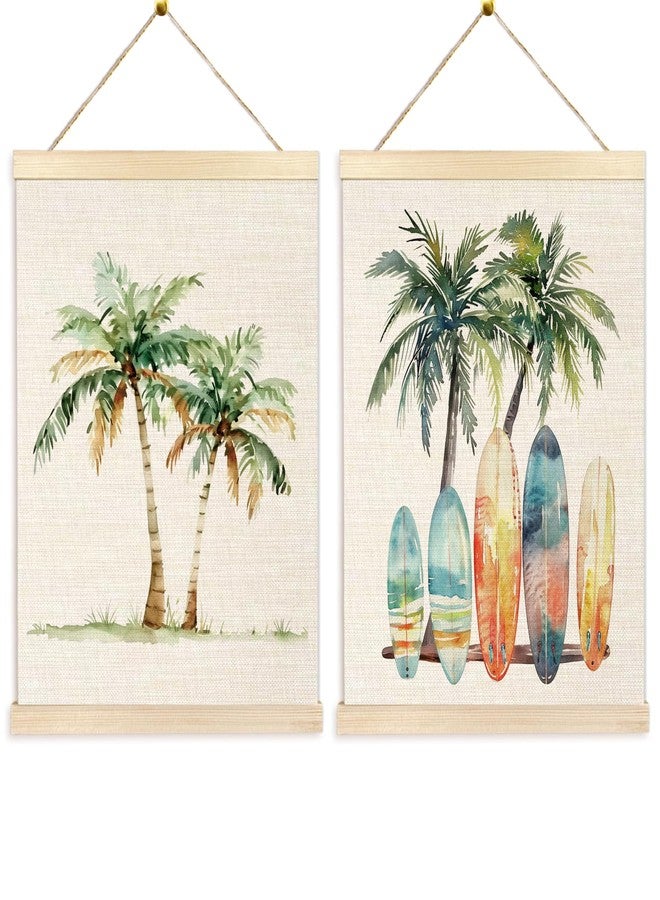 Ecezatik Tropical Beach Surf Wall Art with Wooden Poster Hanger Set of 2, Surf Wall Decor, Beach Room Decor, Surf Room Decor, Summer Beach Hanging Wall Art Decor for Coastal House, 12x16 Inch - Image 1