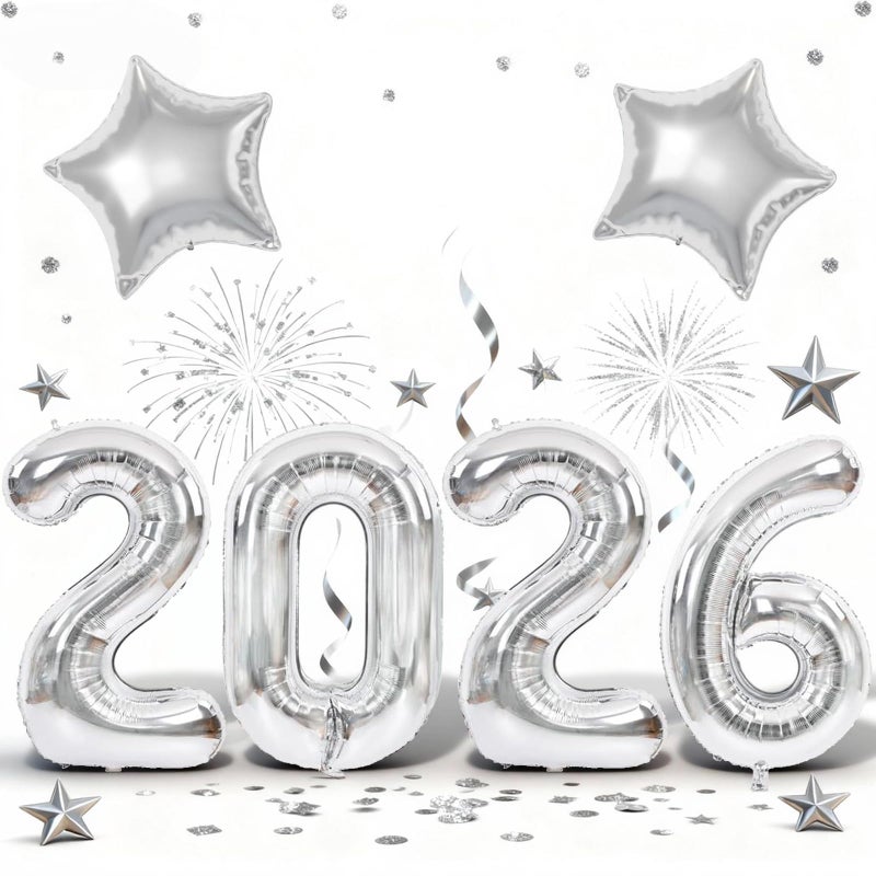 Paeyeq Silver 2026 Balloons 40 Inch Large Number 2026 Foil Balloon with 18 Inch Star Foil Balloon Giant 2026 Happy New Years Balloons for 2026 Happy New Year Eve Christmas Party Decorations Supplies - Image 3