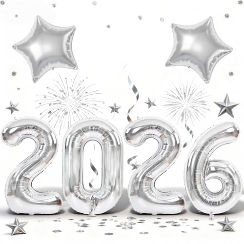 Paeyeq Silver 2026 Balloons 40 Inch Large Number 2026 Foil Balloon with 18 Inch Star Foil Balloon Giant 2026 Happy New Years Balloons for 2026 Happy New Year Eve Christmas Party Decorations Supplies - Image 1