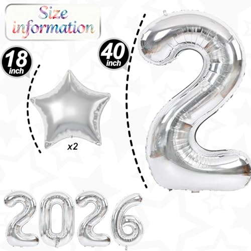 Paeyeq Silver 2026 Balloons 40 Inch Large Number 2026 Foil Balloon with 18 Inch Star Foil Balloon Giant 2026 Happy New Years Balloons for 2026 Happy New Year Eve Christmas Party Decorations Supplies - Image 5