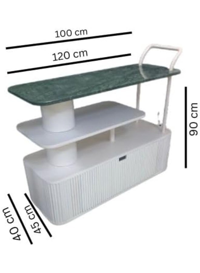 Horoof Market Horoof Home® Luxury Marble & Wood Bar Cart – Modern White & Beige Serving Trolley with Storage Cabinet, Multi-Level Shelves & Locking Wheels – 120x45x90 cm, QT038  - Image 3